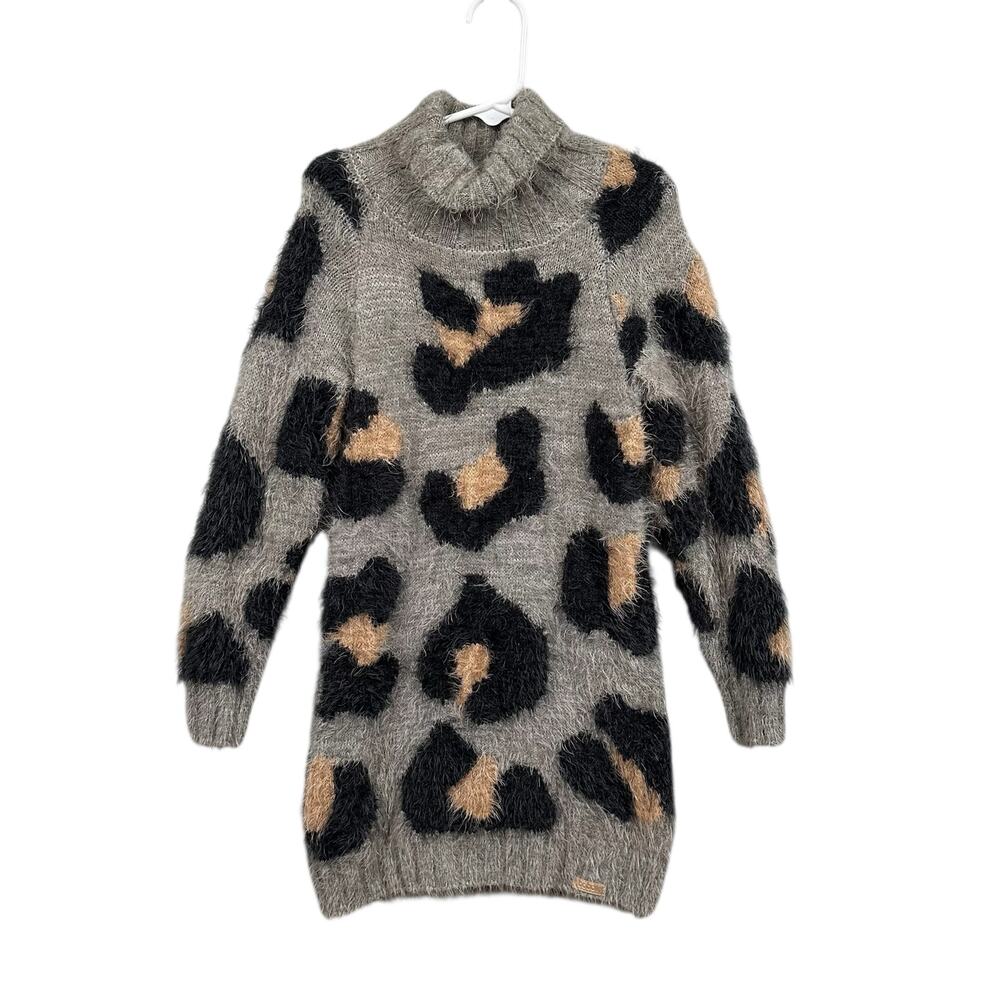 Boboli Sweater Dress Girls Size 6 Gray Shag Animal Print Turtleneck Soft Stretch
